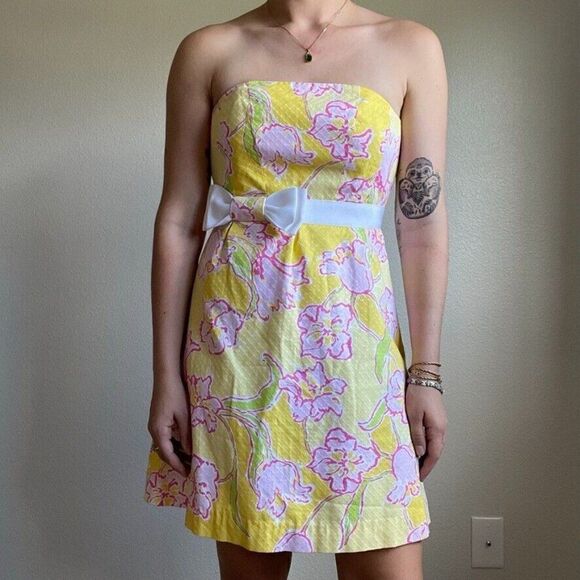 Lilly Pulitzer Strapless Y2K Cotton Yellow Floral Mini Bow Summer Dress Sz 2 - Picture 7 of 10